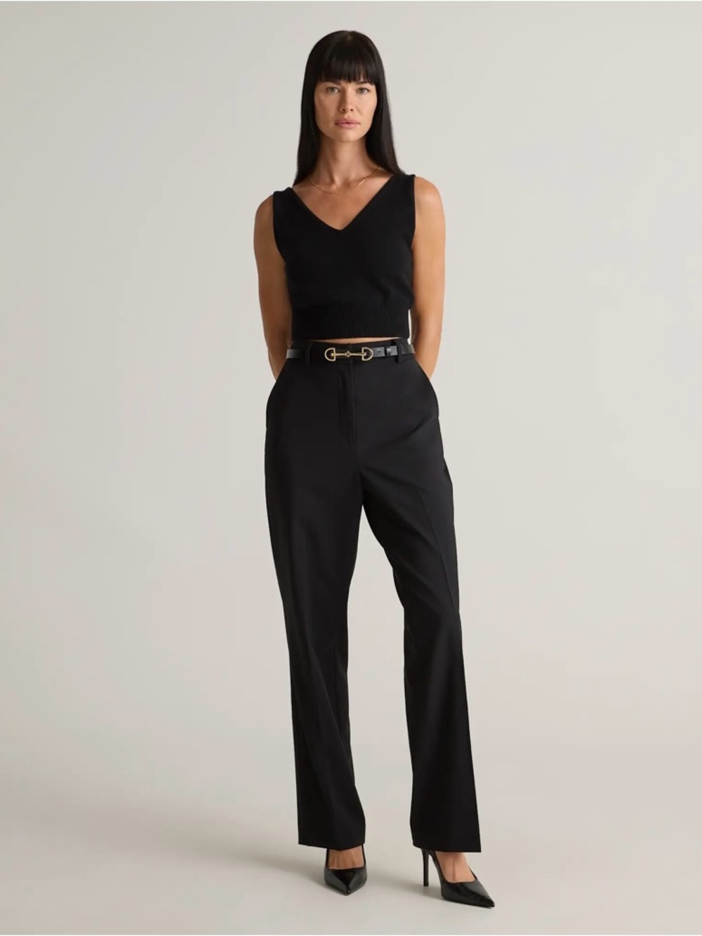 Quince Italian Wool Straight Leg Pants Size 10 Black Minimalist Capsule Luxury